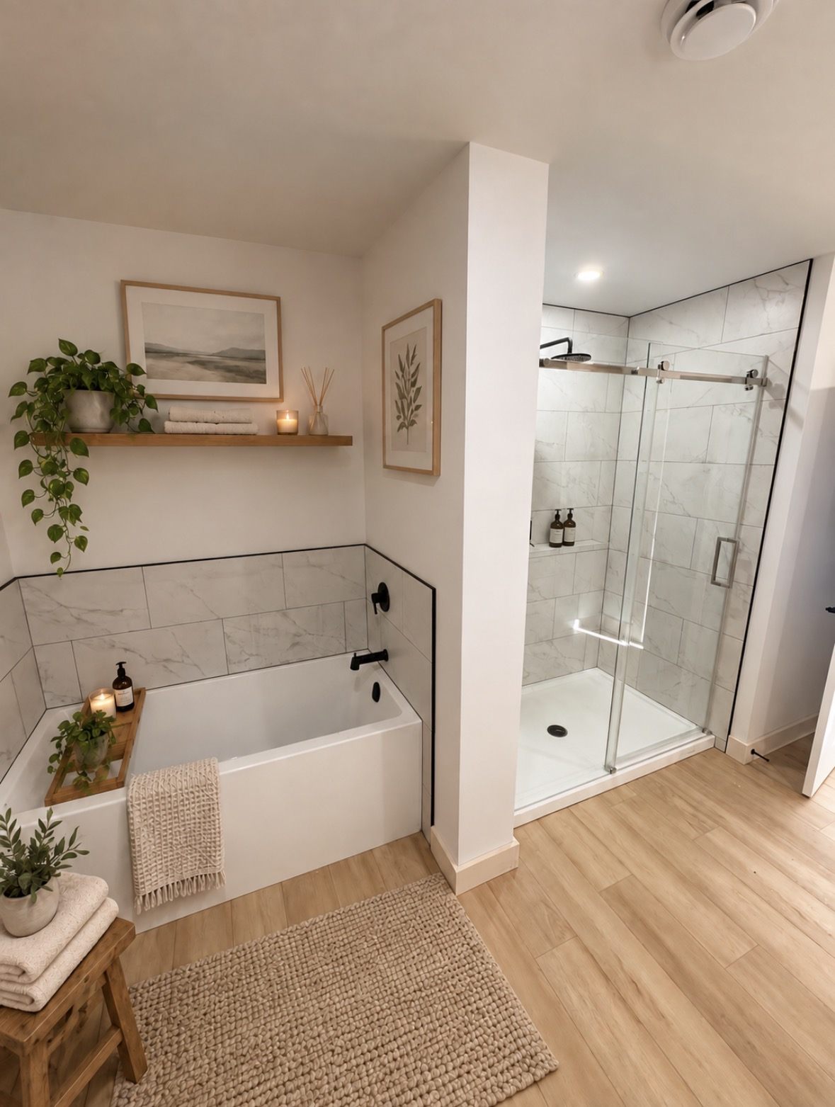 Salle de bain avec baignoire et douche vitrée