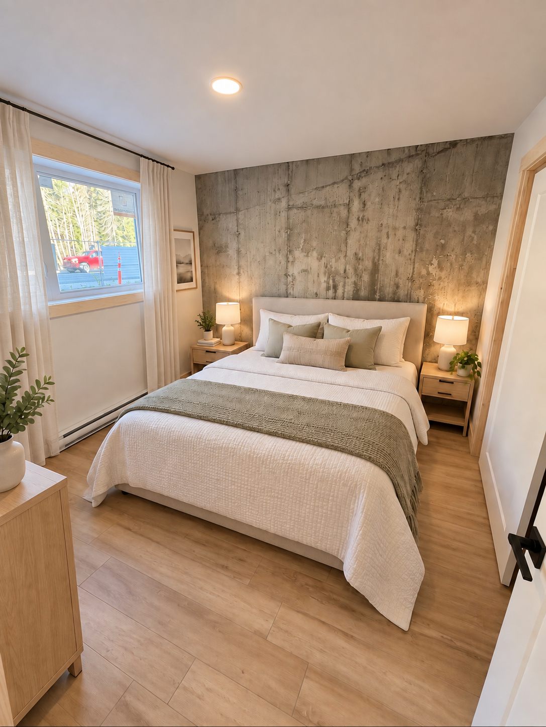 Chambre avec mur de béton apparent