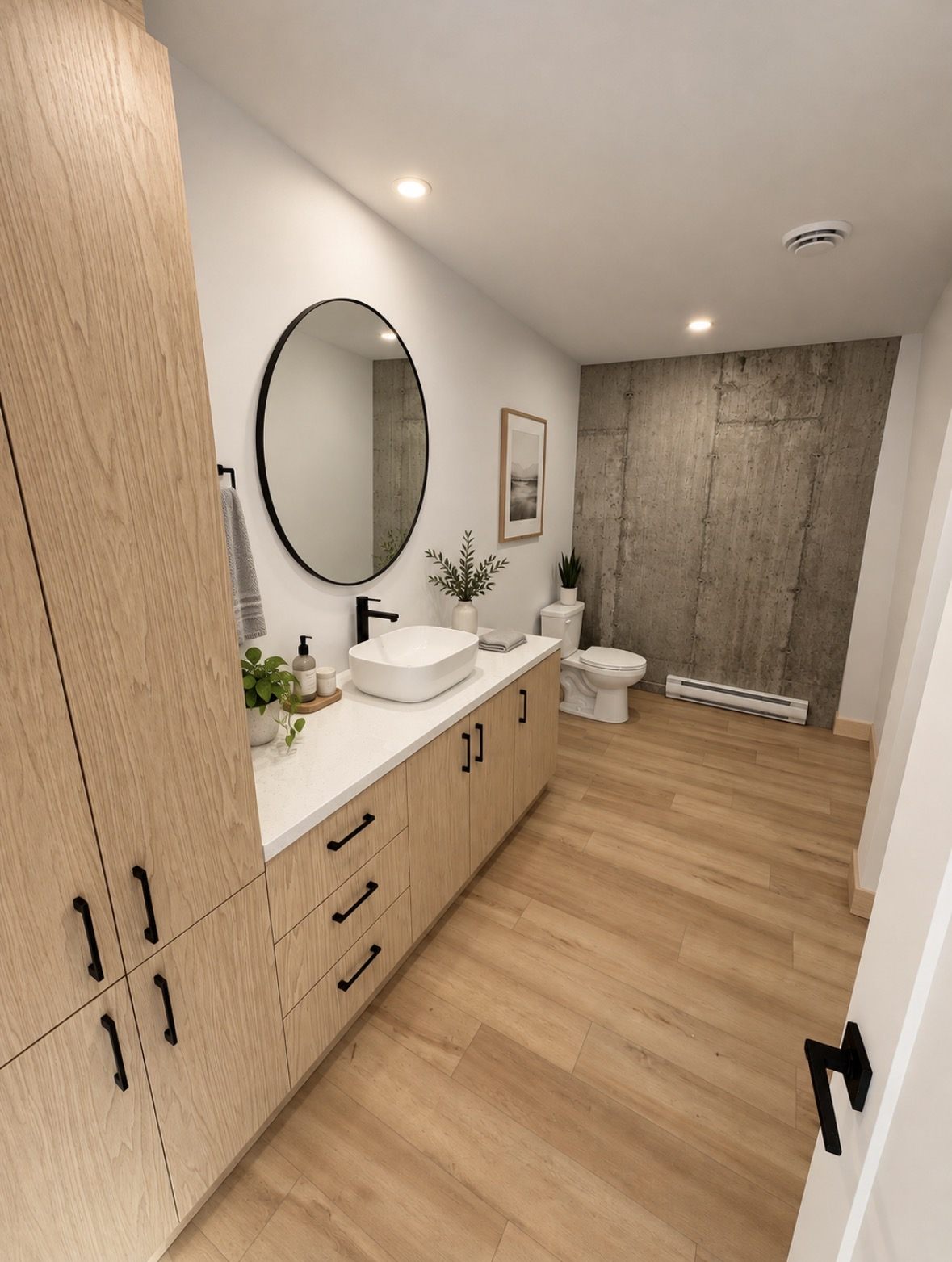 Salle de bain avec grande vanité et rangement